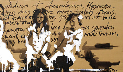 Stylized acrylic painting of Hippocratic Oath by Dima Filatov, two women in black and white on tan background with Latin text