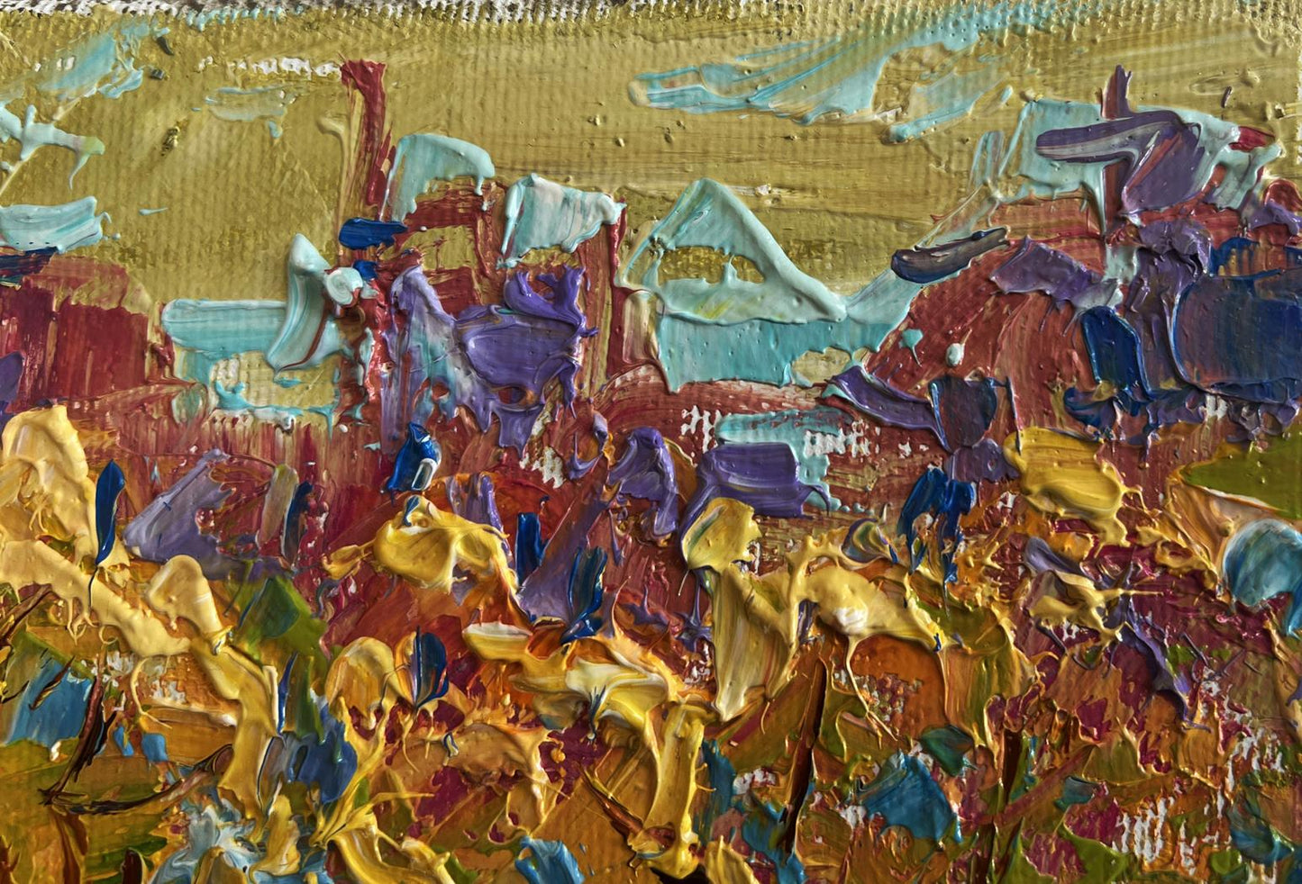 Oil painting Autumn city alley by Oleksiy Ivanyuk vibrant impasto abstract