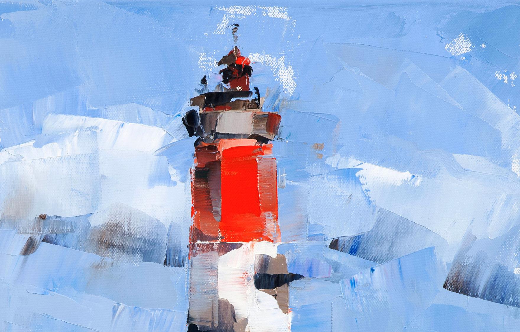Vibrant red white striped Lighthouse Pierres Noires oil painting by Volodymyr Gluhomanyuk