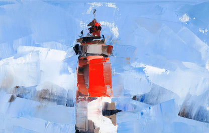 Vibrant red white striped Lighthouse Pierres Noires oil painting by Volodymyr Gluhomanyuk