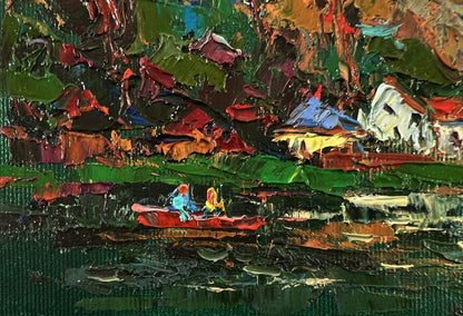 Vibrant oil painting by Oksana Ivanyuk: red boat on village lake