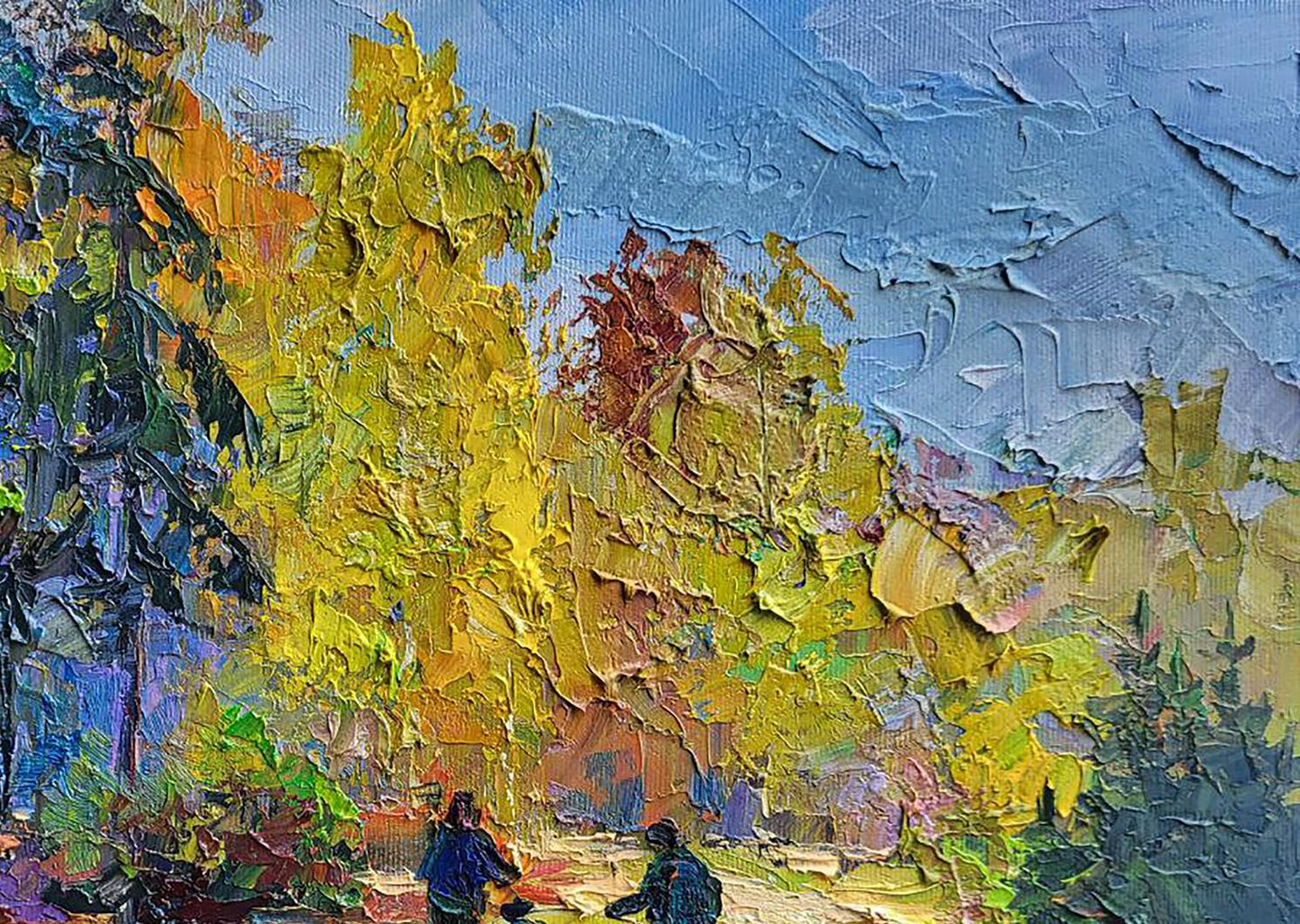 Oil painting Mushroom Pickers by Boris Serdyuk with vibrant autumn trees