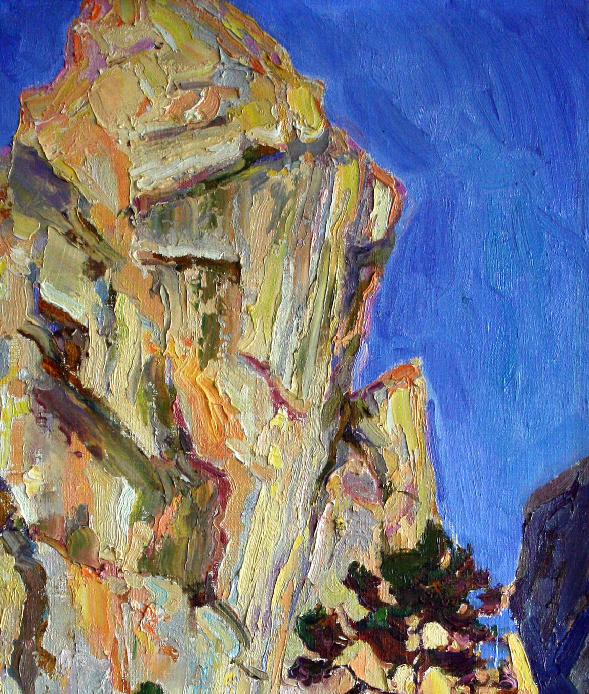 Oil painting The sun rises by Leonid Pavlenko: textured cliff in ochre, yellow, gray, blue sky
