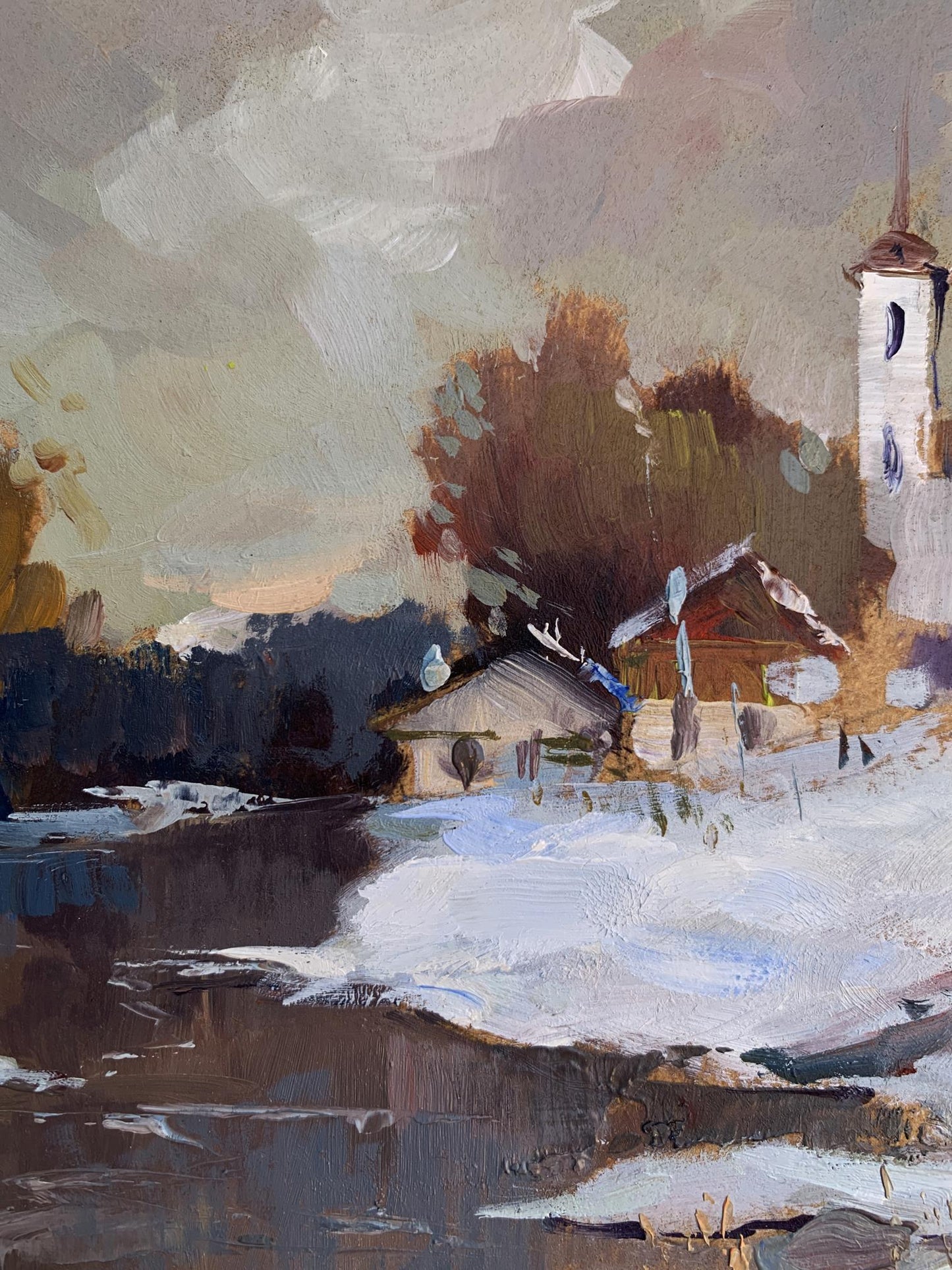 Textured oil painting of snowy village by Yuriy Suprunchuk, Winter evening