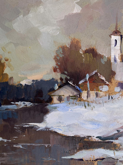 Textured oil painting of snowy village by Yuriy Suprunchuk, Winter evening