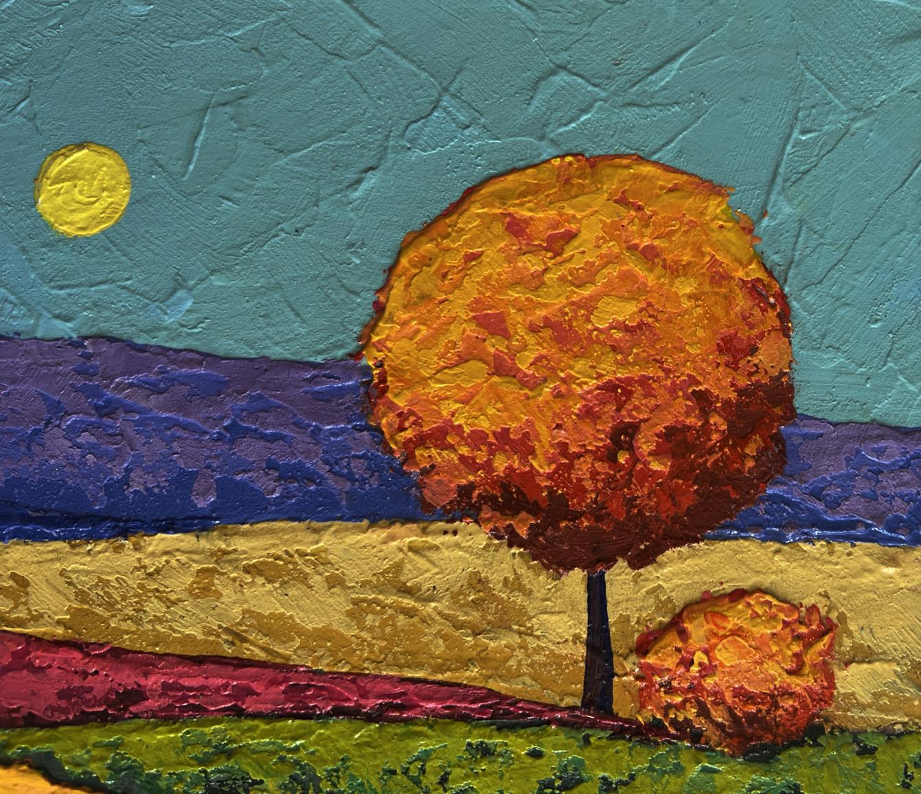 Vibrant impressionistic oil painting of flower fields, orange tree leaves by V. Zadorozhnya