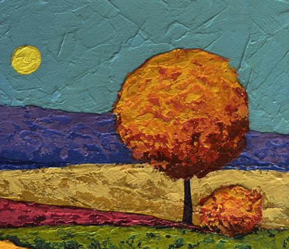 Vibrant impressionistic oil painting of flower fields, orange tree leaves by V. Zadorozhnya