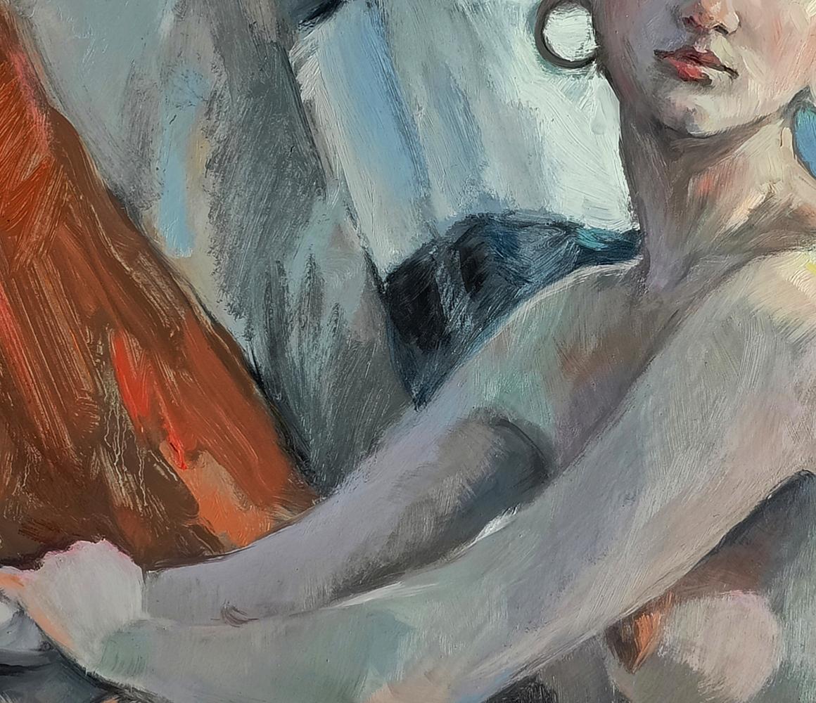 Oil painting of pensive girl with pale skin and red lips by Oksana Osnach