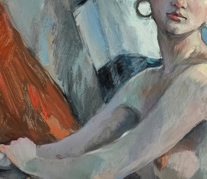 Oil painting of pensive girl with pale skin and red lips by Oksana Osnach