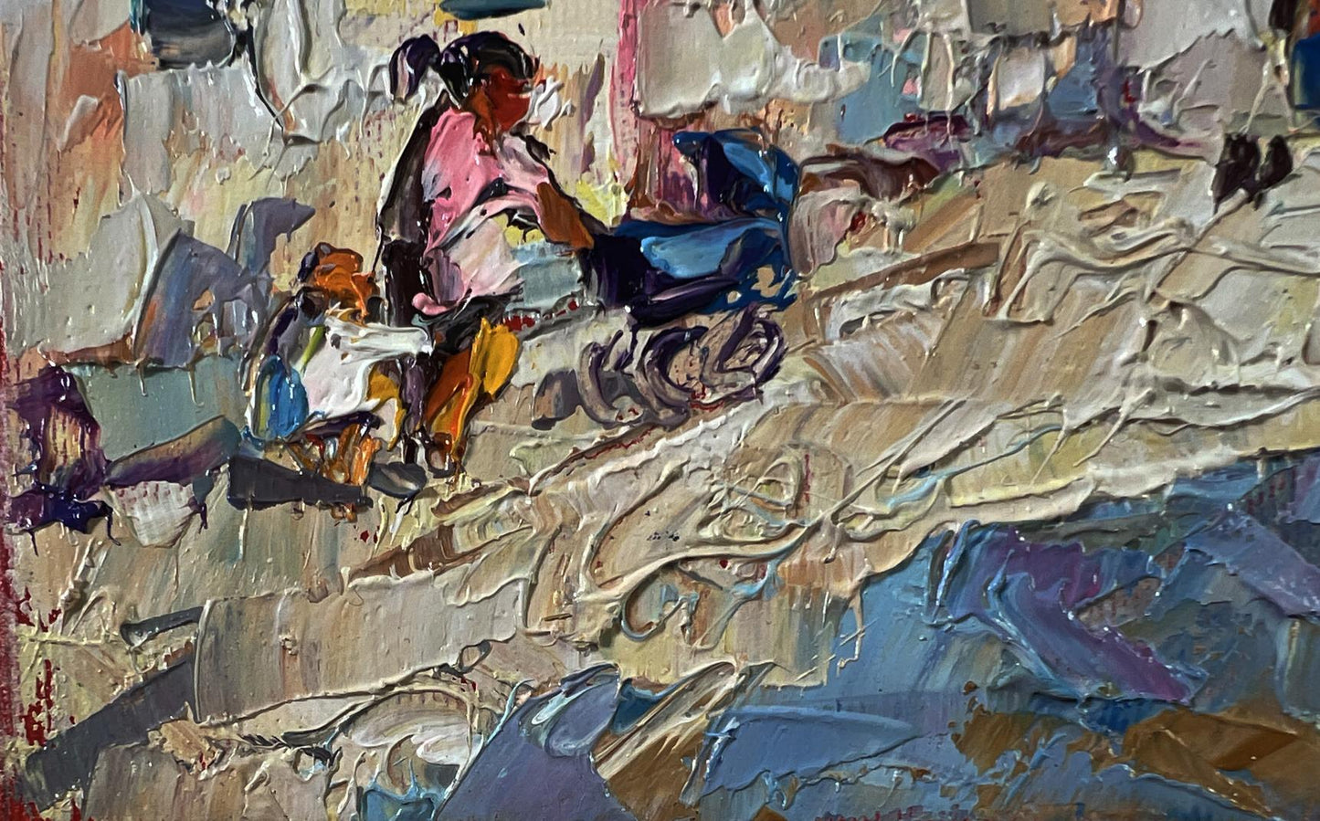 Oil painting by Oleksiy Ivanyuk: figure in pink by blue scooter on rugged terrain