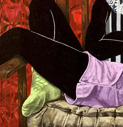 Acrylic painting of purple velvet skirt with ruffled hem by Akintomide Akinshola