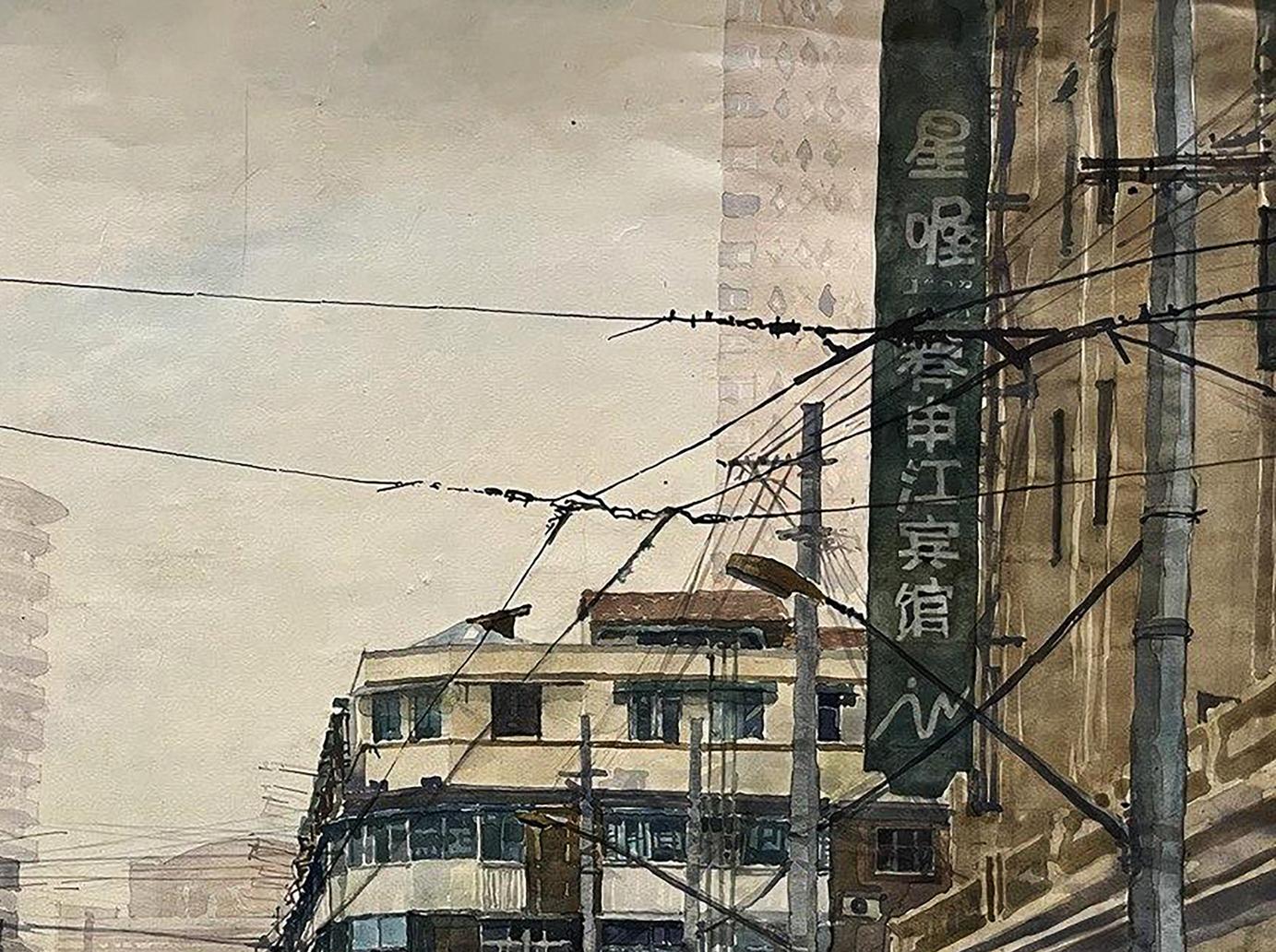 Vertical watercolor Shanghai sign by Serhiy Kovalev, black Chinese characters on dark green amid wires
