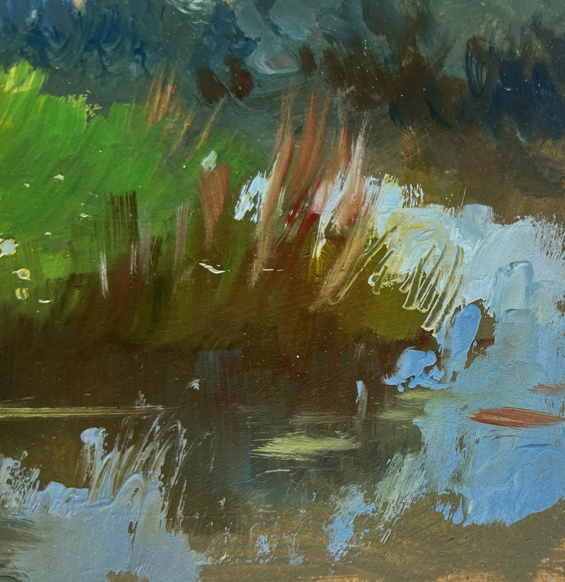 Abstract expressionist oil painting of lonely house by river by Yuriy Suprunchuk