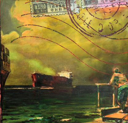 Oil painting Assol Ed Potapenkov: red white cargo ship at port under yellow-green sky