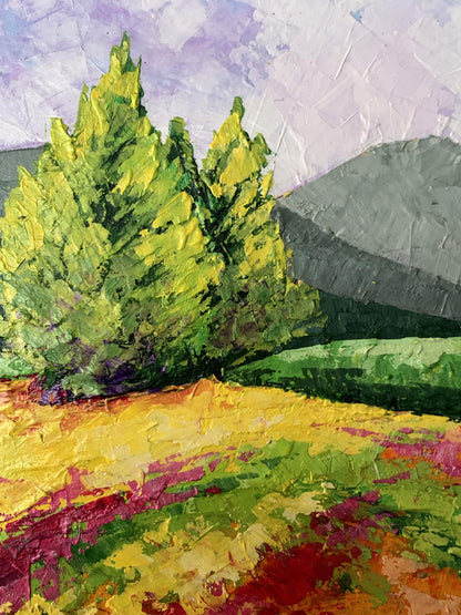 V. Zadorozhnya oil painting Road to the mountains: green coniferous tree on hills
