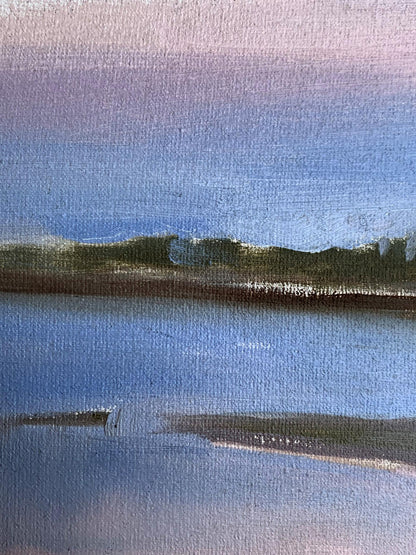 Oil painting Flooded river bank by Tatyana Derdey with purple blue green textures