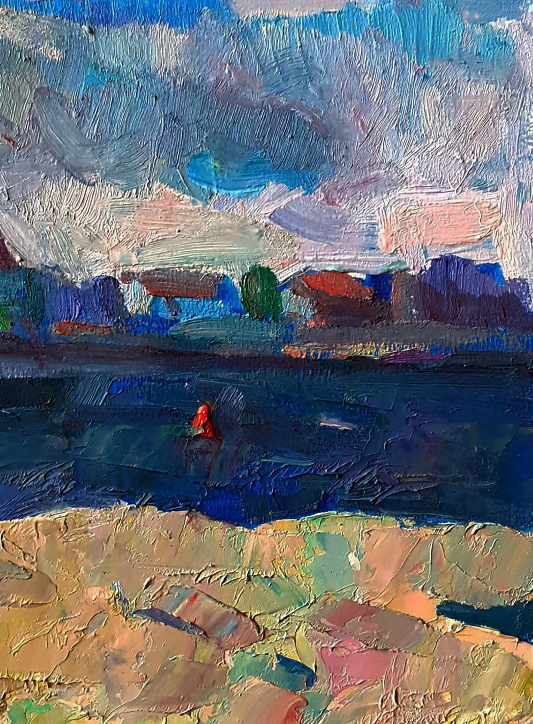 Vibrant impressionist oil painting of thin summer sea strait by Pavel Dobrev