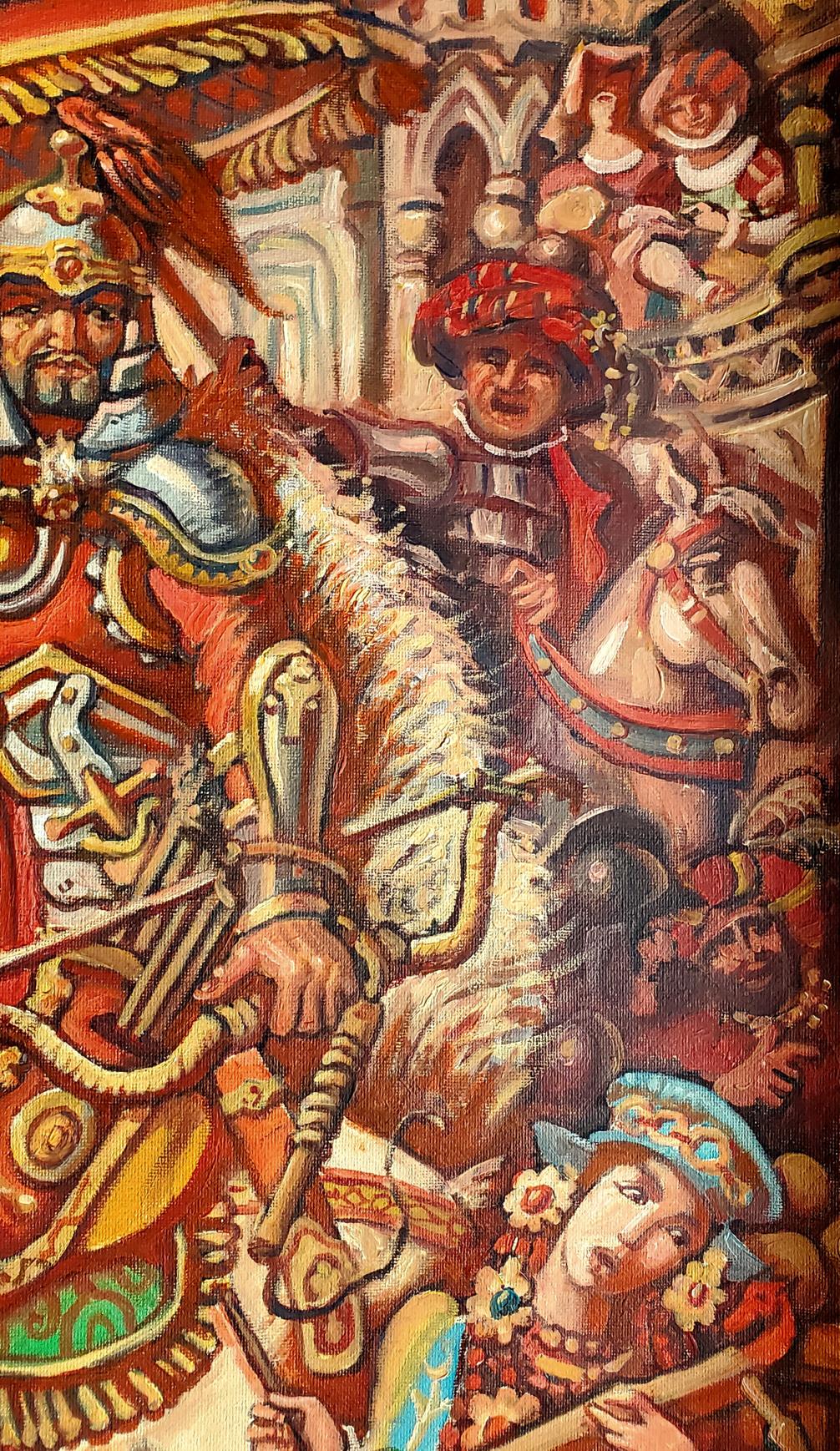 Vibrant oil painting of Genghis Khan as armored knight by Daniil Litvinov
