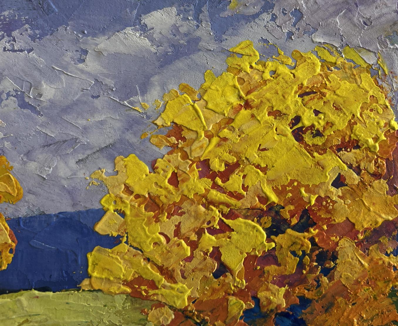 Oil painting of two big trees in field by V. Zadorozhnya with vibrant yellow orange strokes on blue-gray background