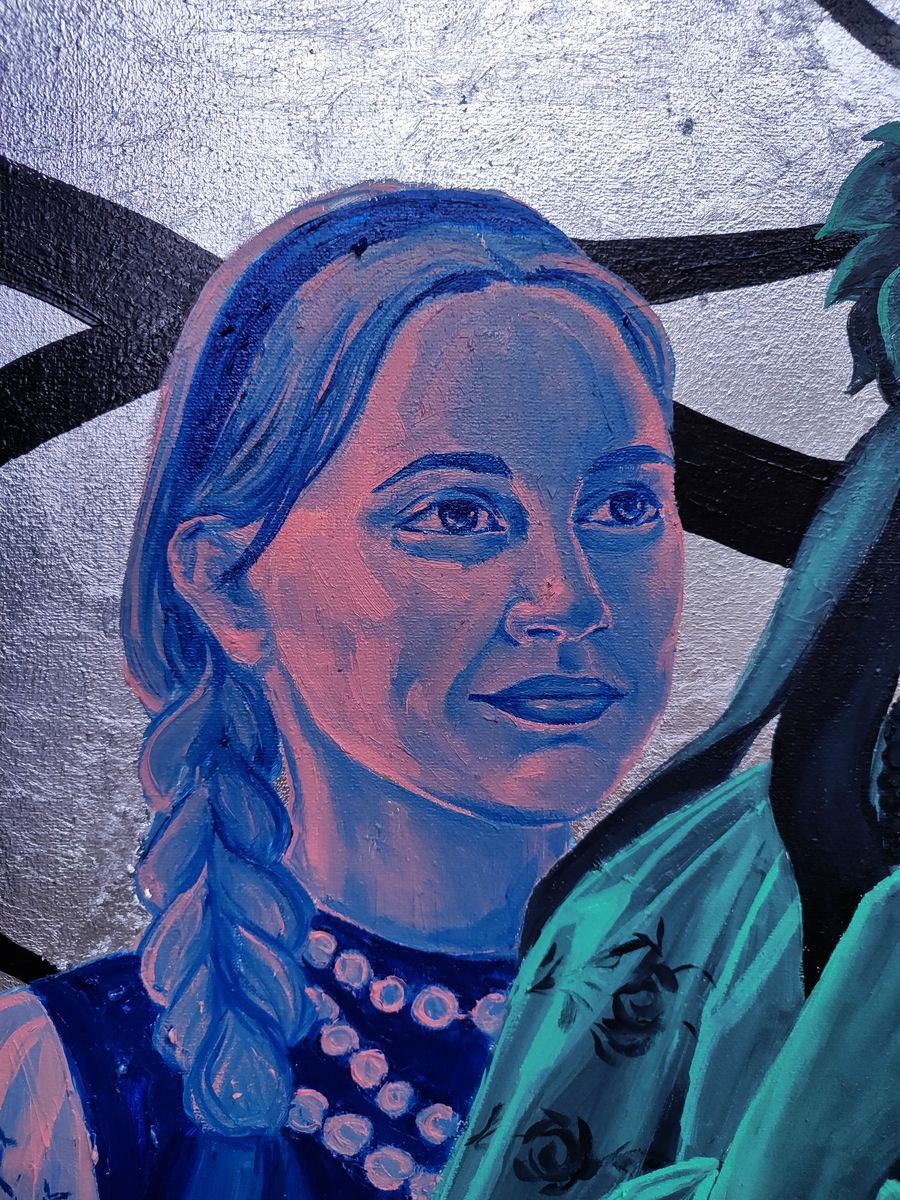 Oil painting portrait of Oksana Sklym girl with long blue braided hair