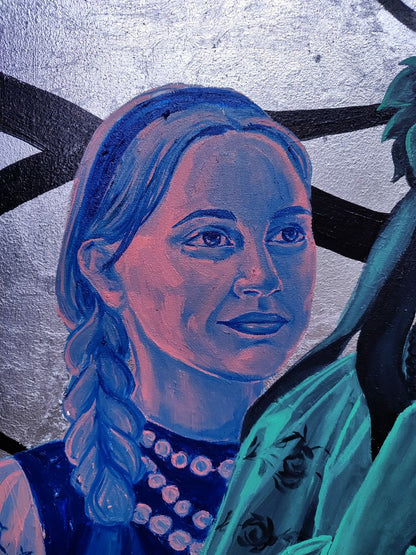 Oil painting portrait of Oksana Sklym girl with long blue braided hair