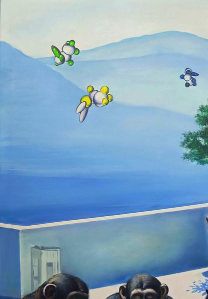 Oil painting Monkeys on vacation by Igor Konovalov with flying creatures