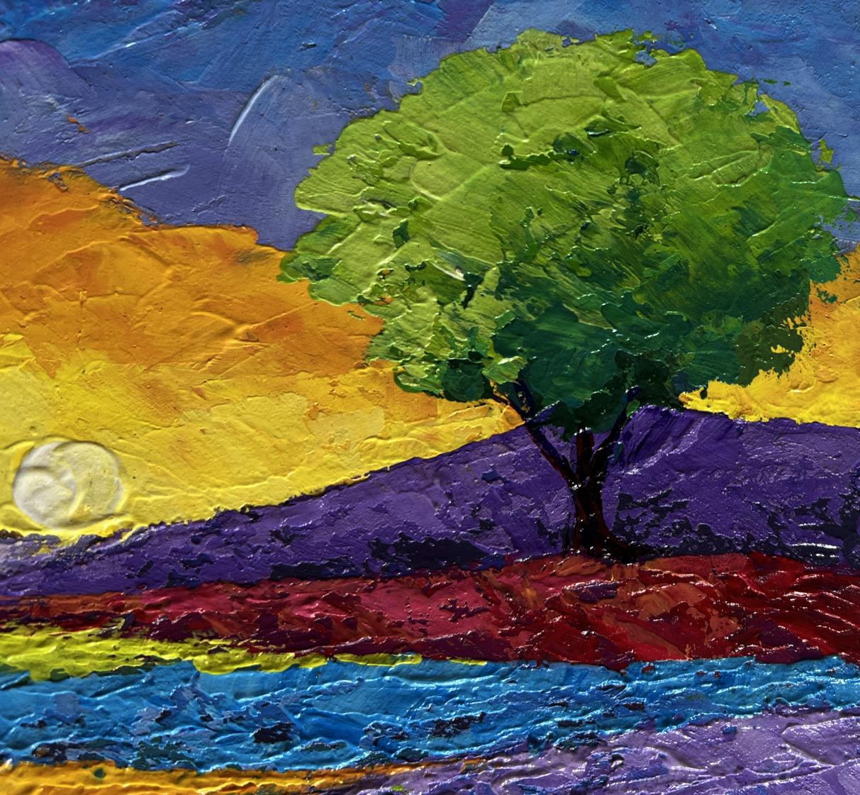 Vibrant oil painting of green tree in yellow sunset flower field by V. Zadorozhnya