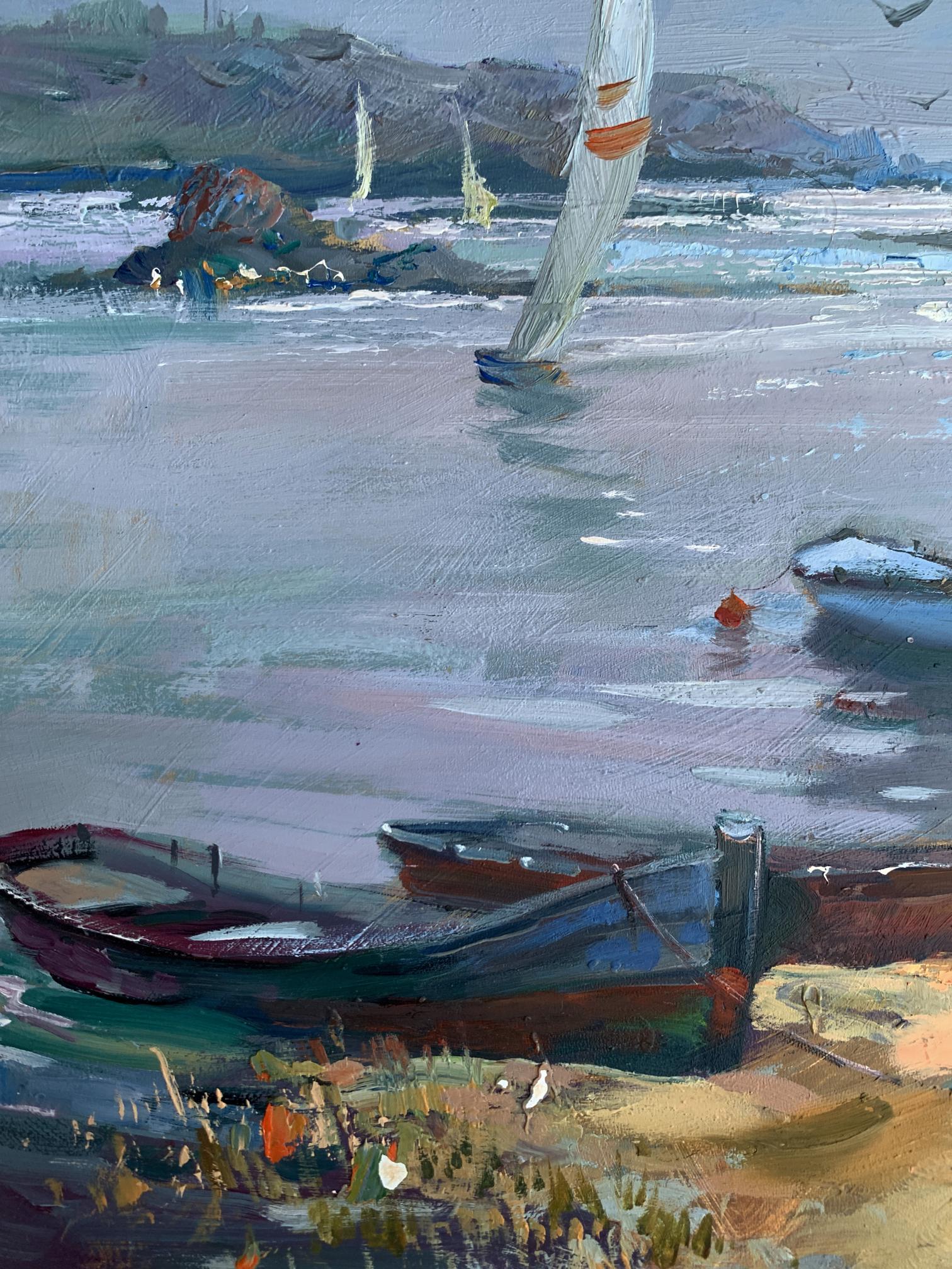 Oil painting Sailing club by Yuriy Suprunchuk: serene coastal sailboats