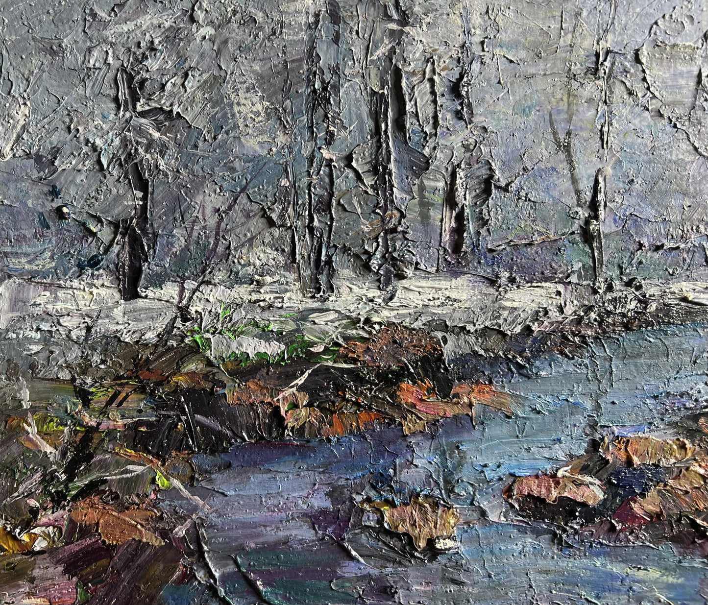 Textured gray blue oil painting of Magical Winter forest by Boris Serdyuk