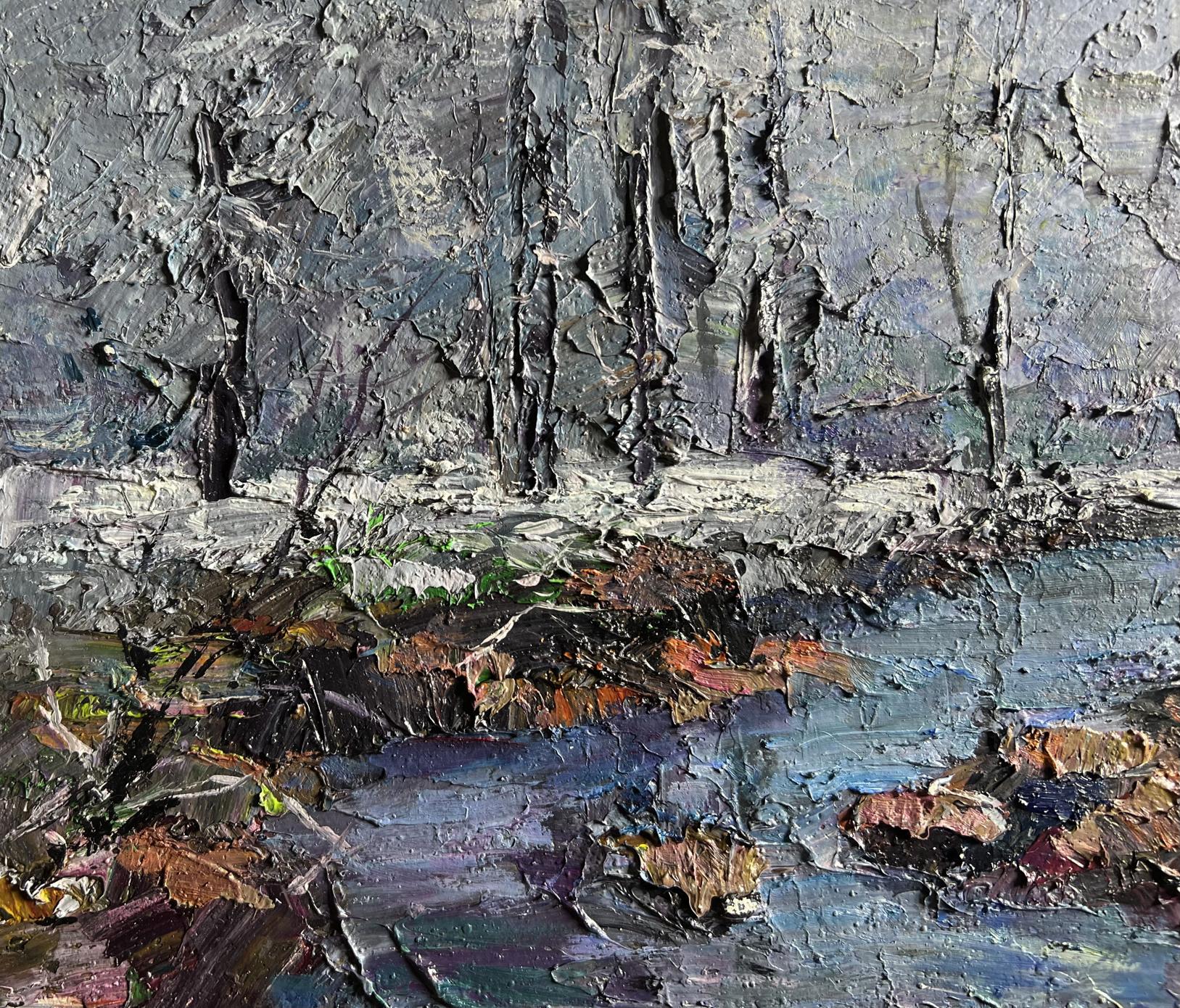 Textured gray blue oil painting of Magical Winter forest by Boris Serdyuk