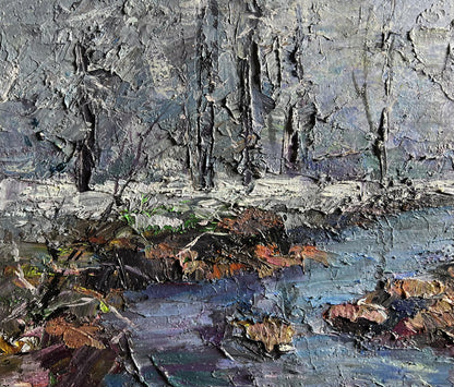 Textured gray blue oil painting of Magical Winter forest by Boris Serdyuk