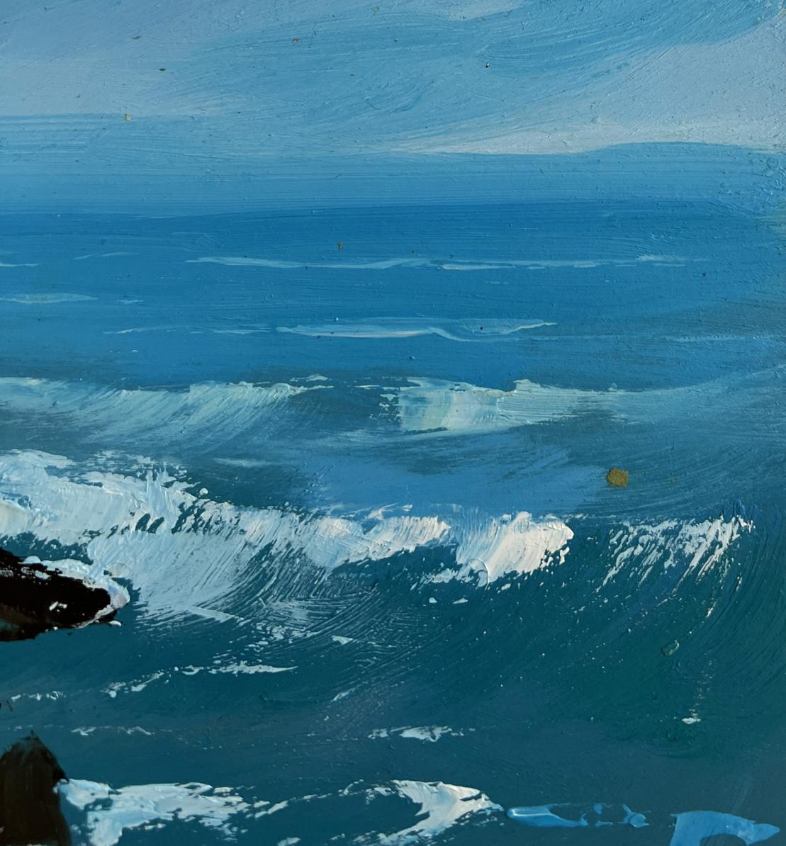 Oil painting Sunny day at sea by Yuriy Suprunchuk with yellow object in blue waves