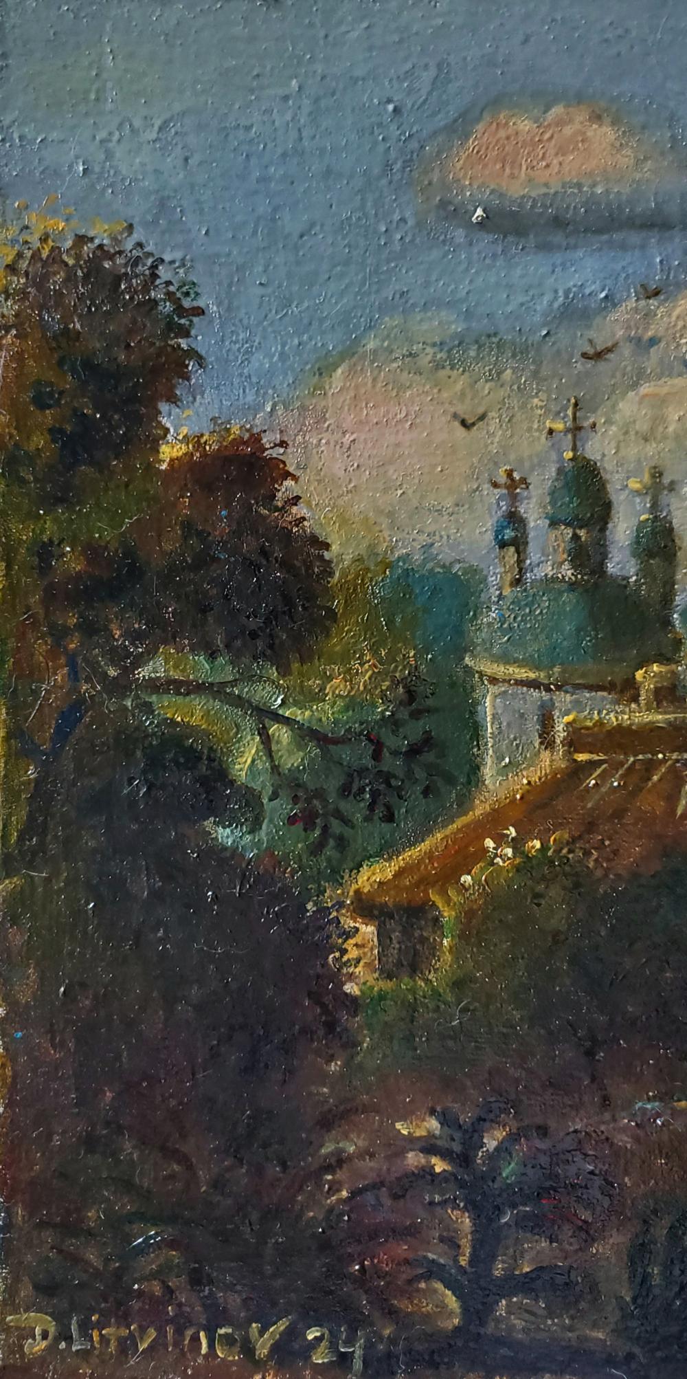 Oil painting Before the Storm by Daniil Litvinov: church with green domes in autumn