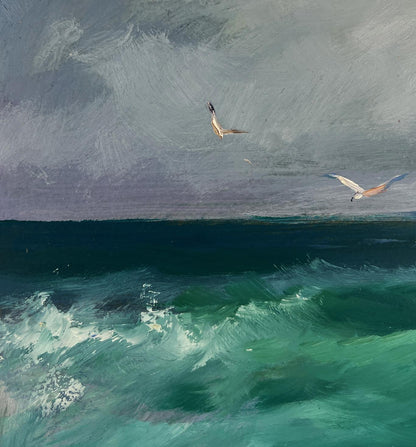 Textured oil painting of seagulls over turbulent teal waves by Yuriy Suprunchuk