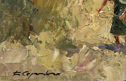 Oil painting by Boris Serdyuk: textured impasto fields under blue sky
