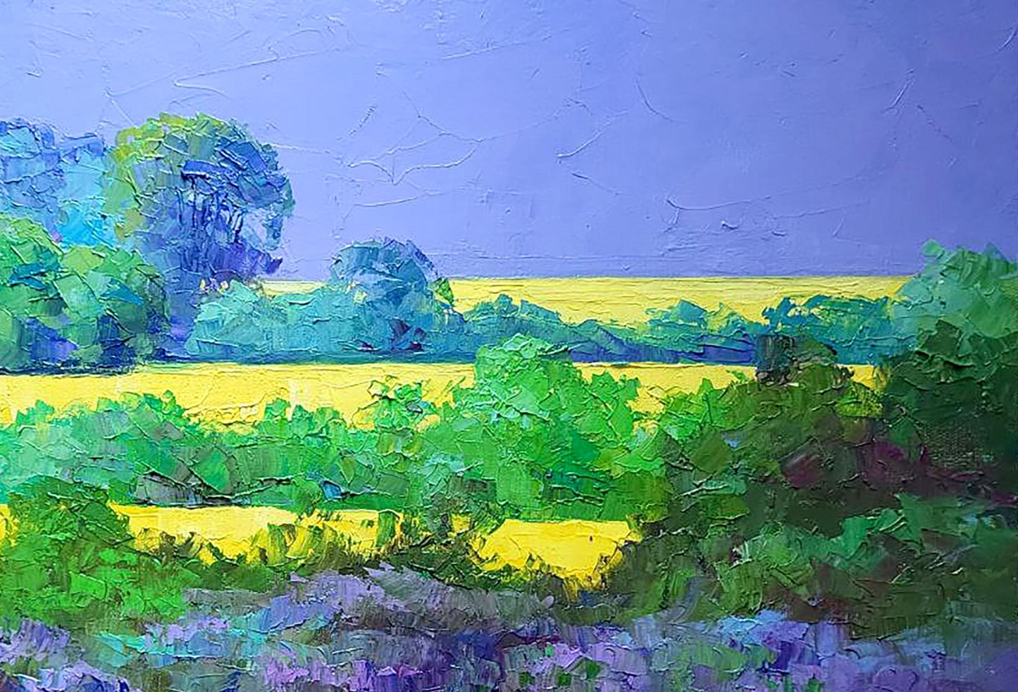 Vibrant impressionist oil painting of rapeseed fields by Boris Serdyuk