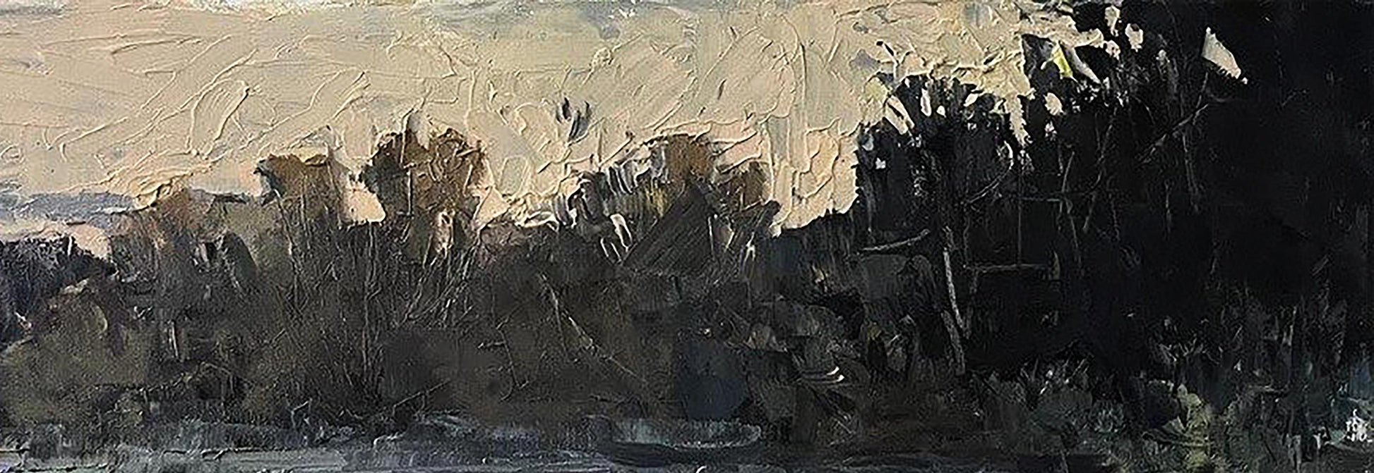 Oil painting Quiet Evening by Volodymyr Pashchenko, shadowy trees and pale sky