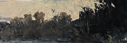Oil painting Quiet Evening by Volodymyr Pashchenko, shadowy trees and pale sky