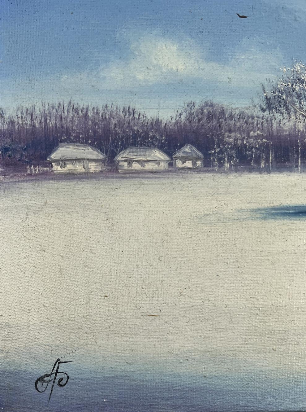 Serene oil painting of white-roofed cottages in winter dawn landscape by Andrei Bagno