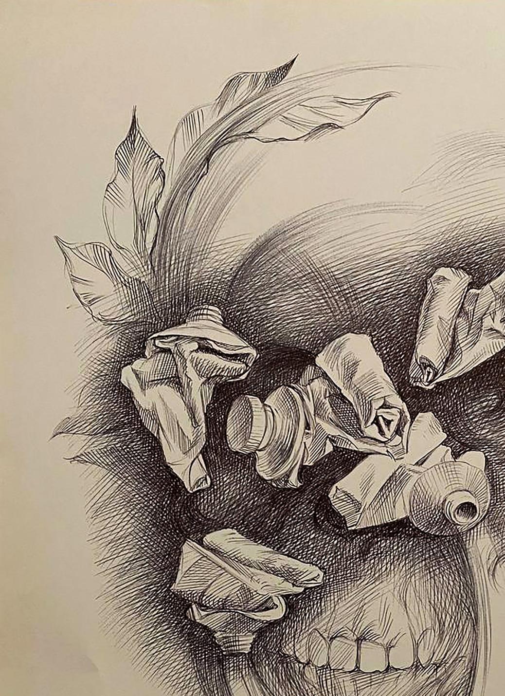 Detailed pencil sketch of skull with crumpled paper and leaves by Natalia Bulat