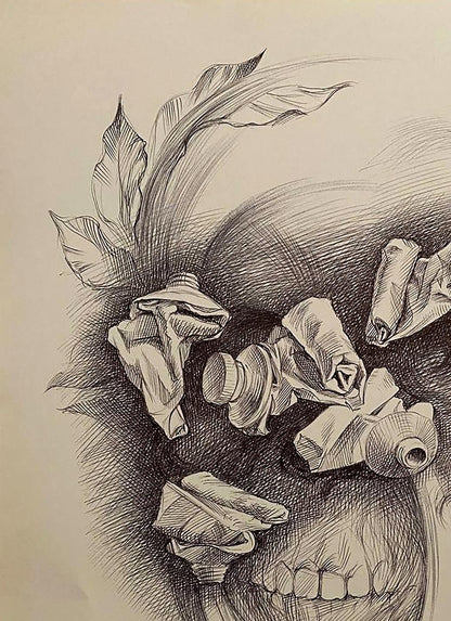 Detailed pencil sketch of skull with crumpled paper and leaves by Natalia Bulat