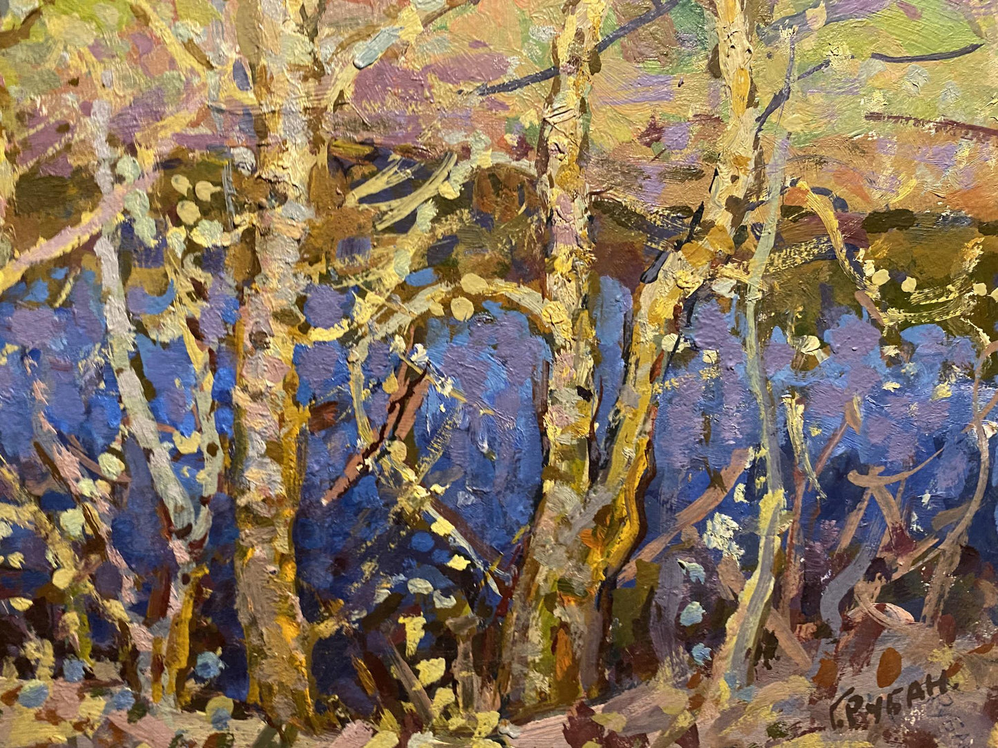 Vibrant impressionist oil painting April Awakening by Grigoriy Ruban, birch trees