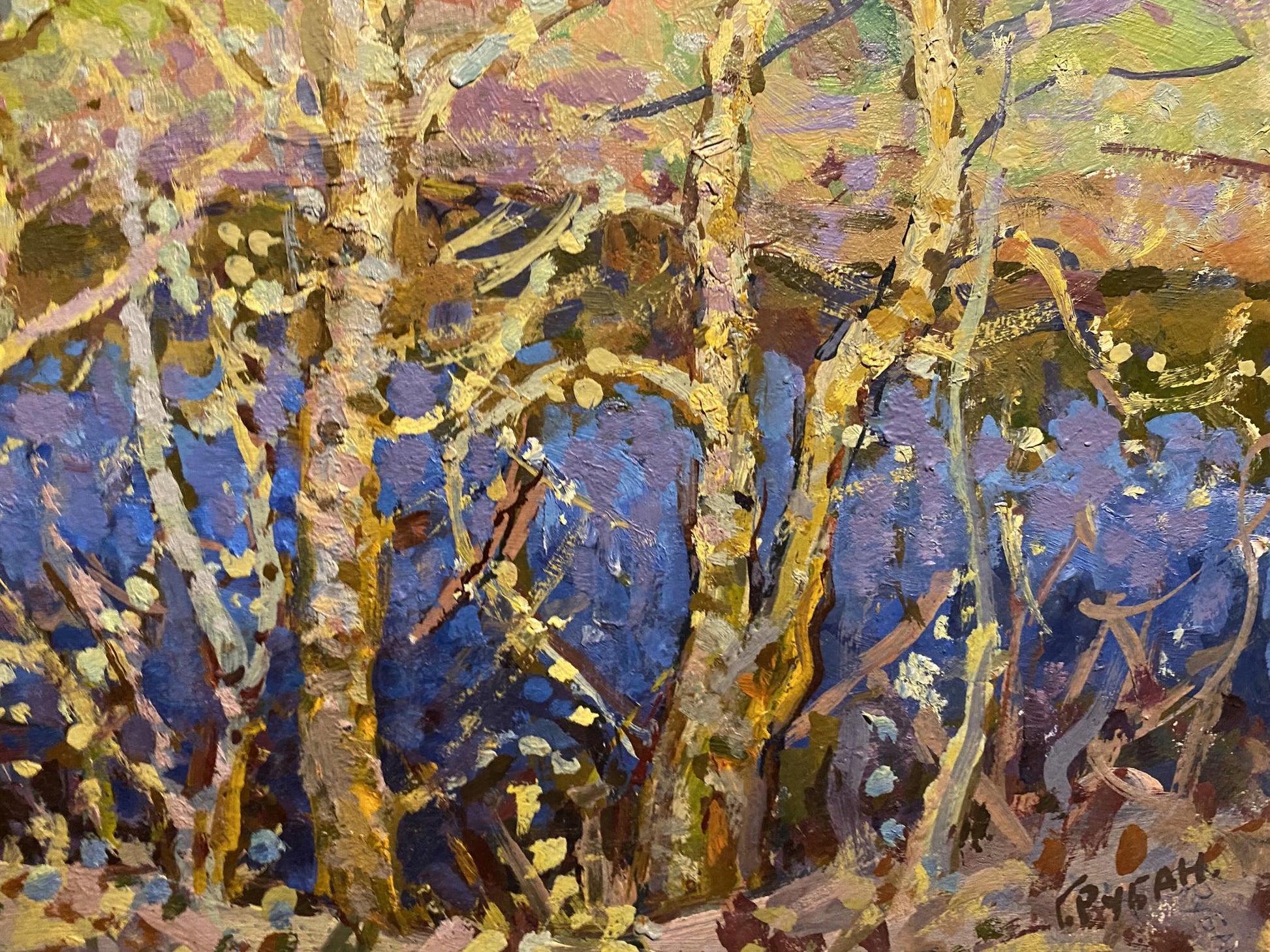 Vibrant impressionist oil painting April Awakening by Grigoriy Ruban, birch trees