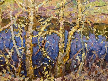 Vibrant impressionist oil painting April Awakening by Grigoriy Ruban, birch trees