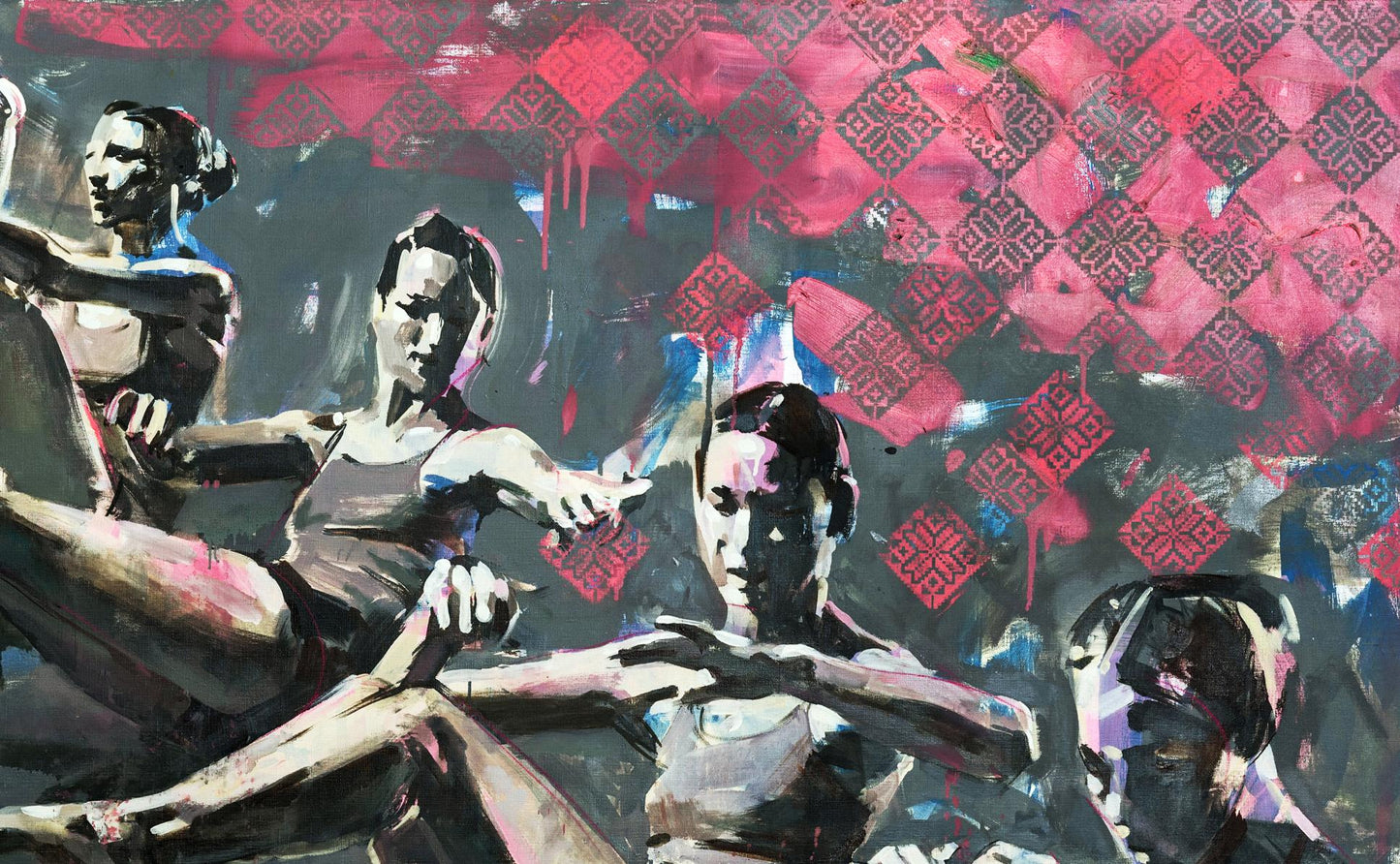 Oil painting Exercises Ed Potapenkov: stylized figures on red black geometric background