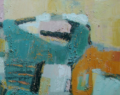 Oil painting Autumn fields by Tatyana Shulyak with teal, orange, cream layers