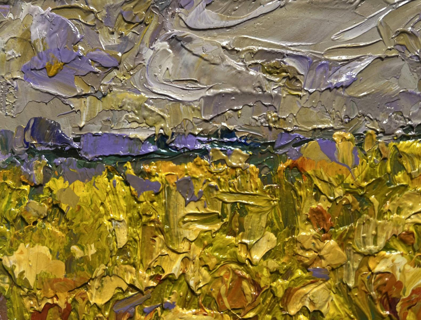 Oil painting of sunflower field by Oleksiy Ivanyuk, vibrant yellow impasto