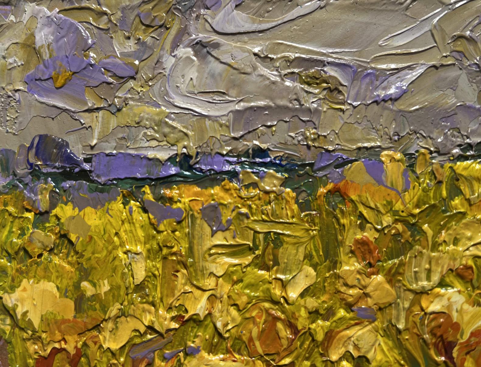 Oil painting of sunflower field by Oleksiy Ivanyuk, vibrant yellow impasto