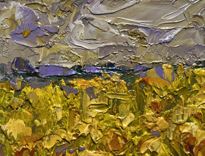 Oil painting of sunflower field by Oleksiy Ivanyuk, vibrant yellow impasto