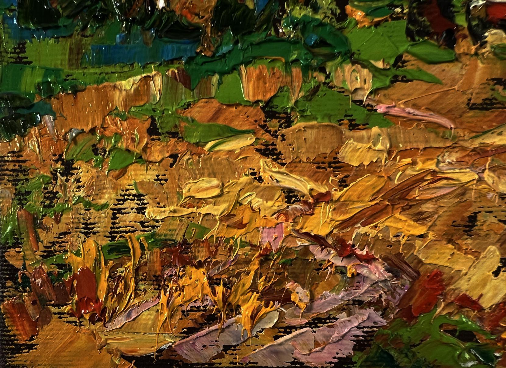 Oil painting Autumn evening fields by Oleksiy Ivanyuk, textured green gold brown